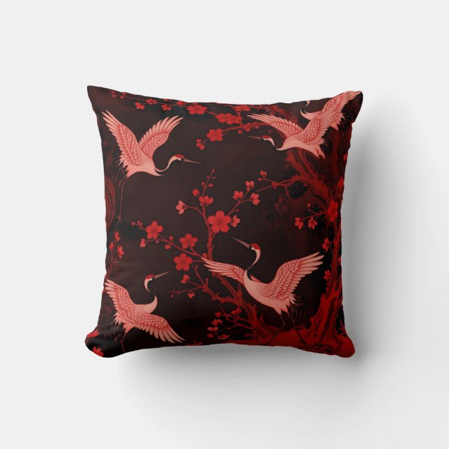 Red Crane Cherry Blossom Chinoiserie Pattern Throw Pillow (Front)