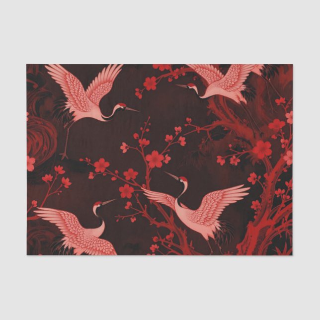 Red Crane Cherry Blossom Chinoiserie Pattern Tissue Paper (Front)