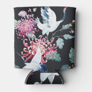 Red Crane Chrysanthemum Watercolor Pattern Can Cooler