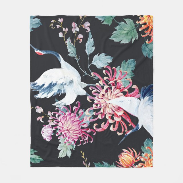 Red Crane Chrysanthemum Watercolor Pattern Fleece Blanket (Front)