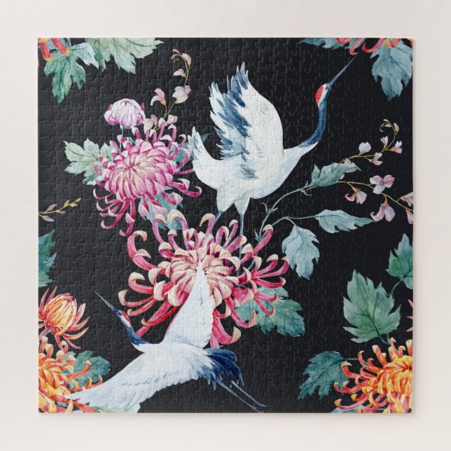 Red Crane Chrysanthemum Watercolor Pattern Jigsaw Puzzle (Vertical)