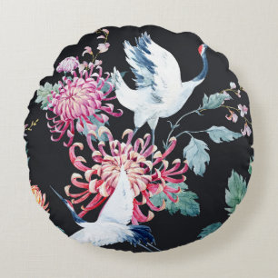 Red Crane Chrysanthemum Watercolor Pattern Round Pillow