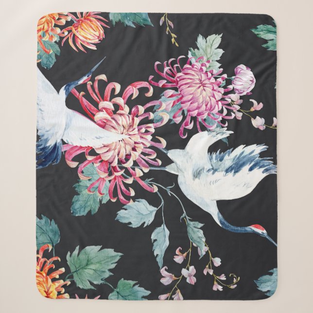 Red Crane Chrysanthemum Watercolor Pattern Sherpa Blanket (Front)