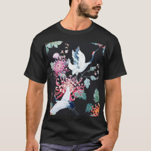 Red Crane Chrysanthemum Watercolor Pattern T-Shirt