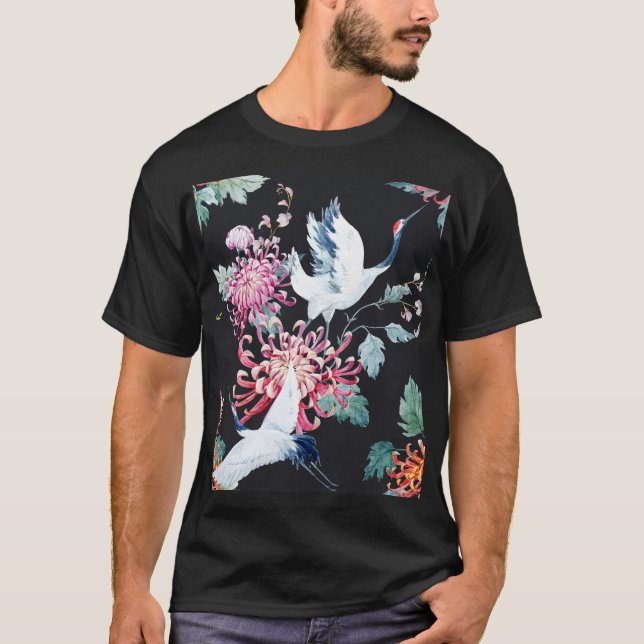 Red Crane Chrysanthemum Watercolor Pattern T-Shirt (Front)
