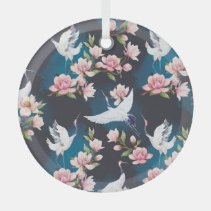 Red Crane Magnolia: Japanese Watercolor. Glass Ornament