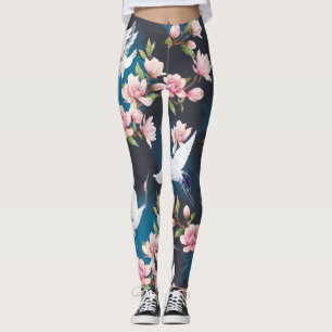Red Crane Magnolia: Japanese Watercolor. Leggings