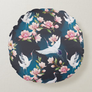 Red Crane Magnolia: Japanese Watercolor. Round Pillow