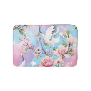 Red Crane Watercolor Japanese Motif Bath Mat