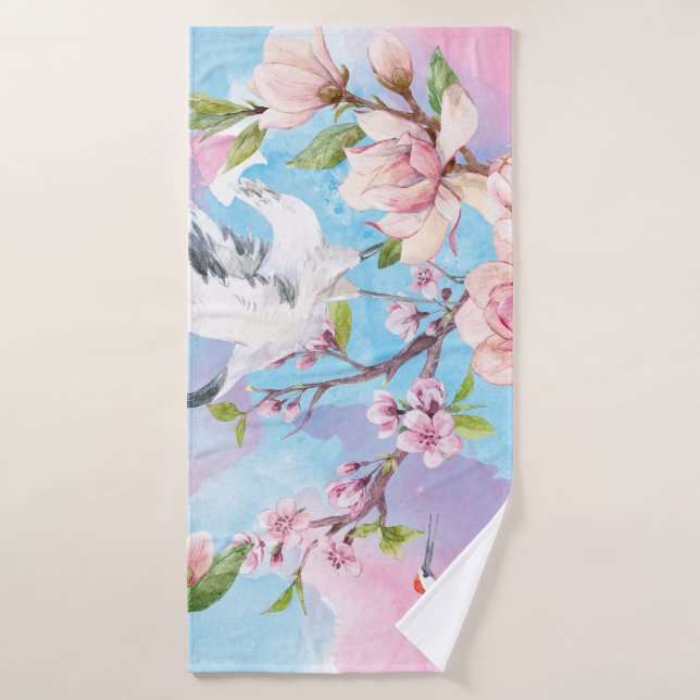 Red Crane Watercolor Japanese Motif Bath Towel (Bath Towel)