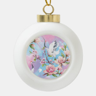 Red Crane Watercolor Japanese Motif Ceramic Ball Christmas Ornament