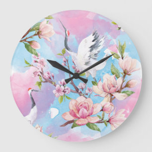 Red Crane Watercolor Japanese Motif Large Clock