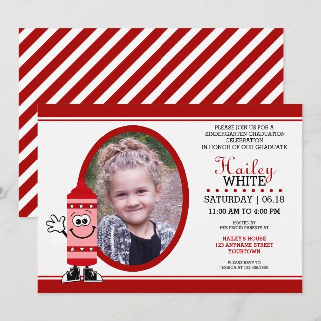 Red Crayon Kindergarten Grad Party Invitations (Devant / Derrière)