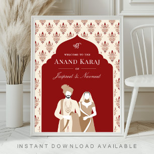 Red Cream Anand Karaj Sikh Wedding Welcome Sign
