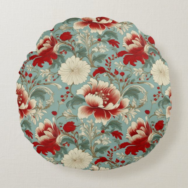 Red, Cream and Green Floral Chinoiserie Round Pillow (Front)