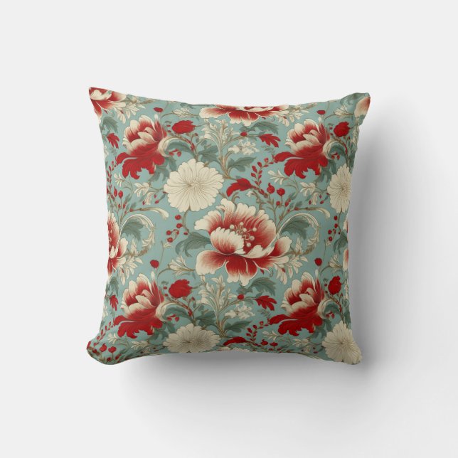 Red, Cream and Green Floral Chinoiserie Throw Pillow (Front)