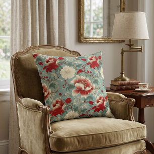 Red, Cream and Green Floral Chinoiserie Throw Pillow