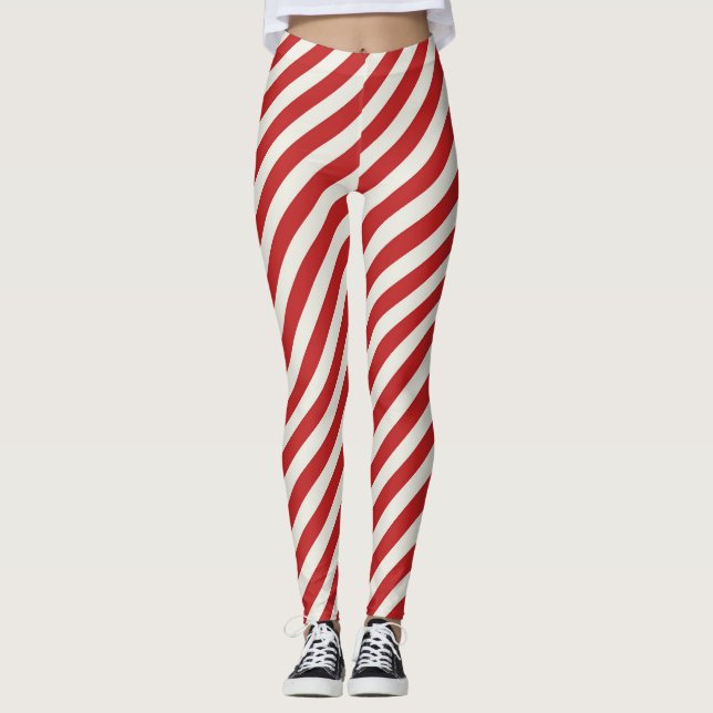 Red & Cream Beige White Stripe Christmas Holiday  Leggings (Front)