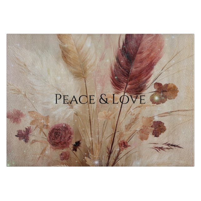Red Cream Boho Feather Floral Cutting Board (Front)