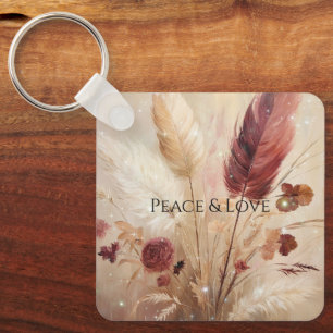 Red Cream Boho Feather Floral Keychain