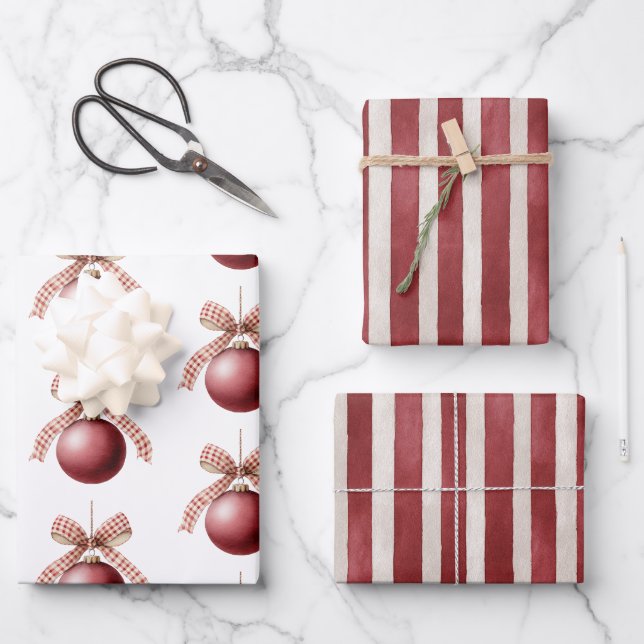 Red Cream Bow Christmas Round Ornament Wrapping Paper Sheet (Front)