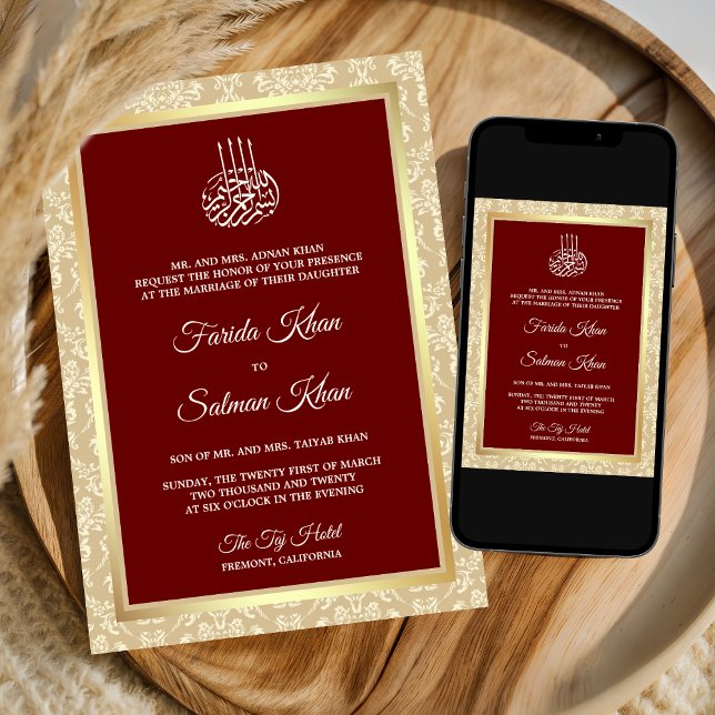 Red Cream Damask Islamic Muslim Wedding Invitation (Creator Uploaded)