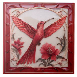 Red & cream faux relief Art Nouveau Hummingbird R Tile