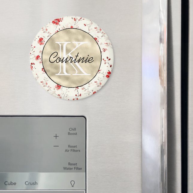 Red Cream Floral Gold Monogram      Magnet (In Situ (Fridge))