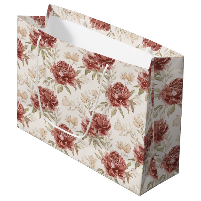 Red Cream Flowers Bridal Shower Large Gift Bag (Front Angled)
