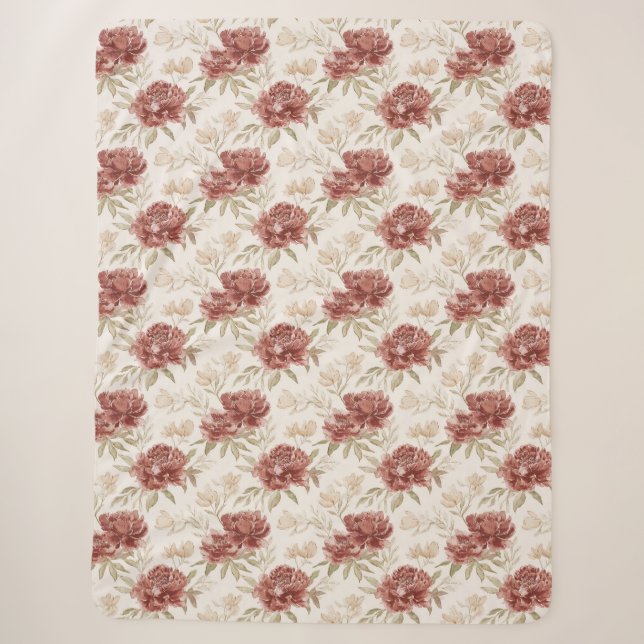 Red Cream Flowers Sherpa Blanket (Front)