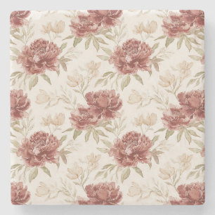 Red Cream Flowers Stone Coaster