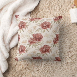 Red Cream Flowers Throw Pillow