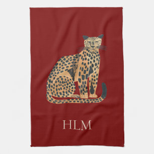 Red Cream Gold Leopard Animal Monogram Kitchen Towel
