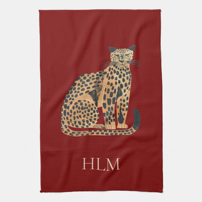 Red Cream Gold Leopard Animal Monogram Kitchen Towel (Vertical)