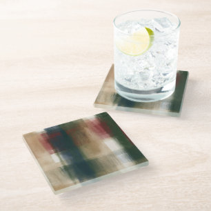 Red Cream Green Gold Stripes Glass Coaster