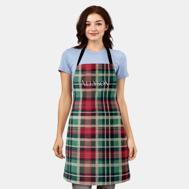 Red Cream Green Plaid Stripes Apron (Worn)