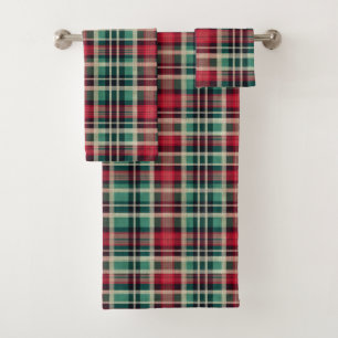 Red Cream Green Plaid Stripes Bath Towel Set