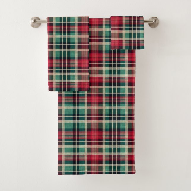 Red Cream Green Plaid Stripes Bath Towel Set (Insitu)