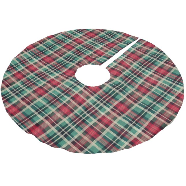 Red Cream Green Plaid Stripes Brushed Polyester Tree Skirt (Angled)