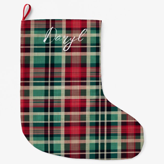 Red Cream Green Plaid Stripes Large Christmas Stocking (Front)