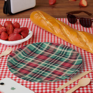 Red Cream Green Plaid Stripes Paper Plate