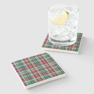 Red Cream Green Plaid Stripes Stone Coaster