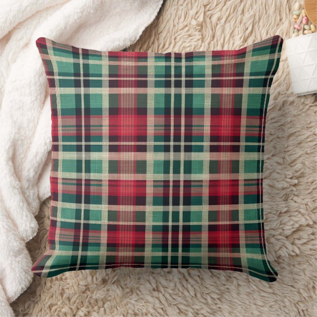 Red Cream Green Plaid Stripes Throw Pillow (Blanket)