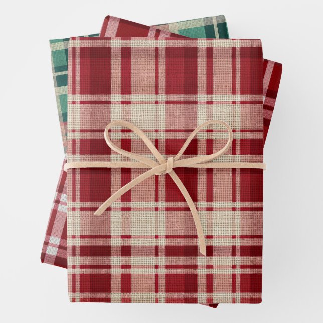 Red Cream Green Plaid Stripes Wrapping Paper Sheet (In situ)