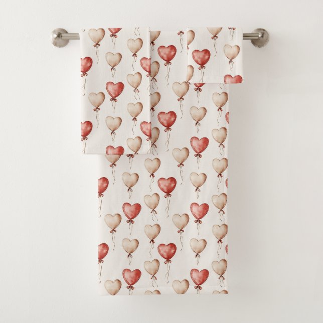 Red Cream Heart Balloons Bath Towel Set (Insitu)