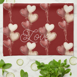 Red Cream Heart Balloons Love Kitchen Towel