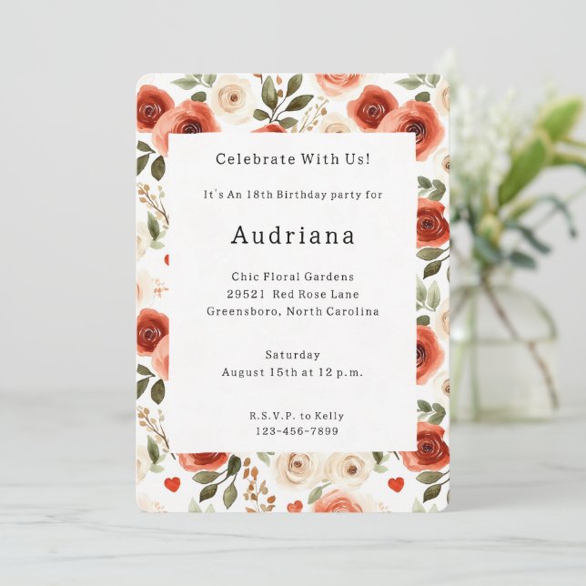 Red Cream Hearts and Flowers Birthday Invitation (Standing Front)