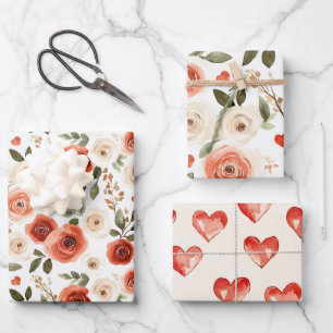 Red Cream Hearts and Flowers Bridal Shower Wrapping Paper Sheet