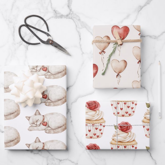 Red Cream Hearts Balloons Cats Cupcakes Birthday Wrapping Paper Sheet (Front)