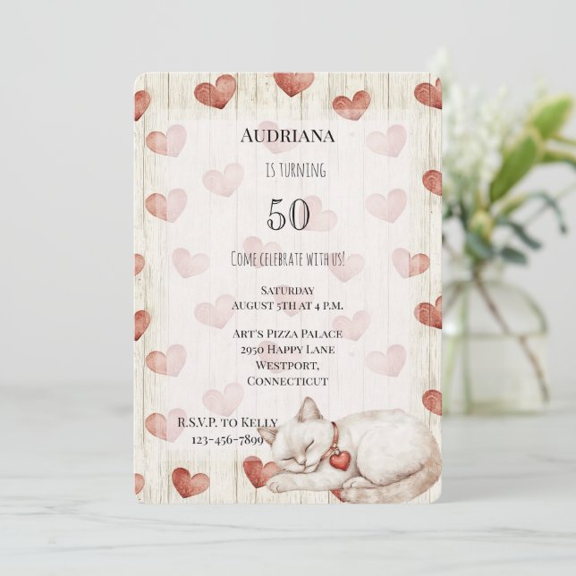 Red Cream Hearts Faux Wood Cat Birthday Invitation (Standing Front)